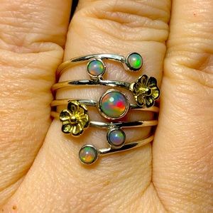 Solid sterling Ethiopian opal spiral flower ring